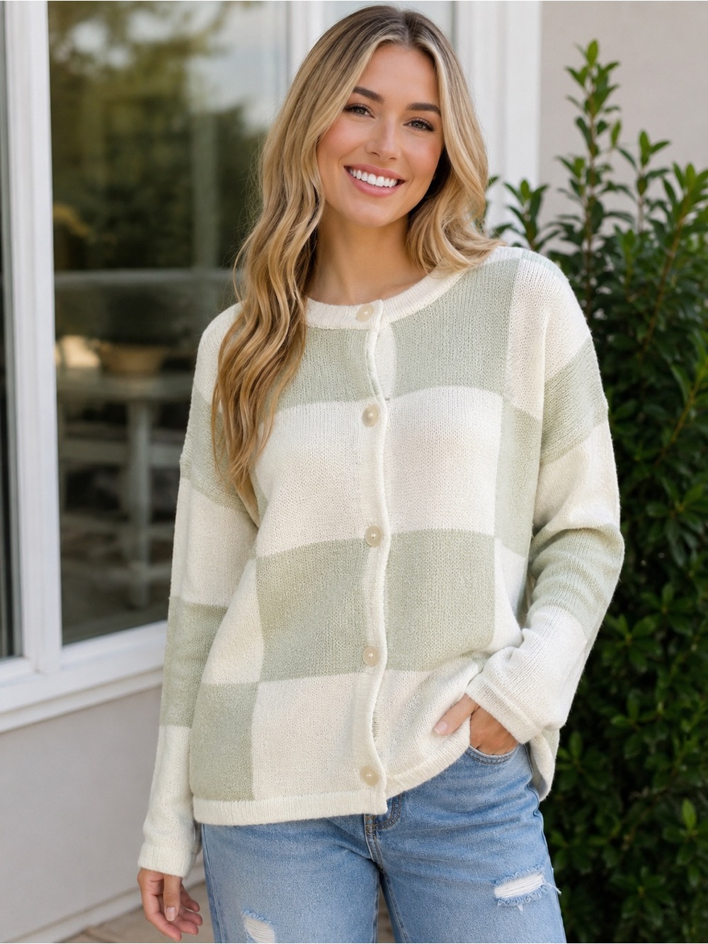 Hem & Thread Sage Color Block Bouclé Cardigan L NWT